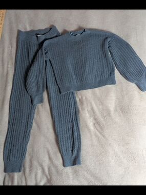 Pink Rose Slate Blue Ribbed Knit 2 Piece Sweater Top & Pants NWT